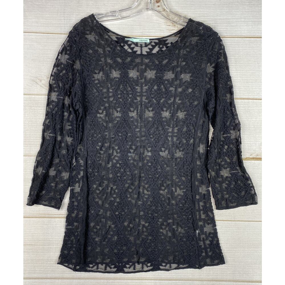 Maurices Top Womens S Black Sheer Lace 3/4 Sleeve Embroidered Pullover Stretch